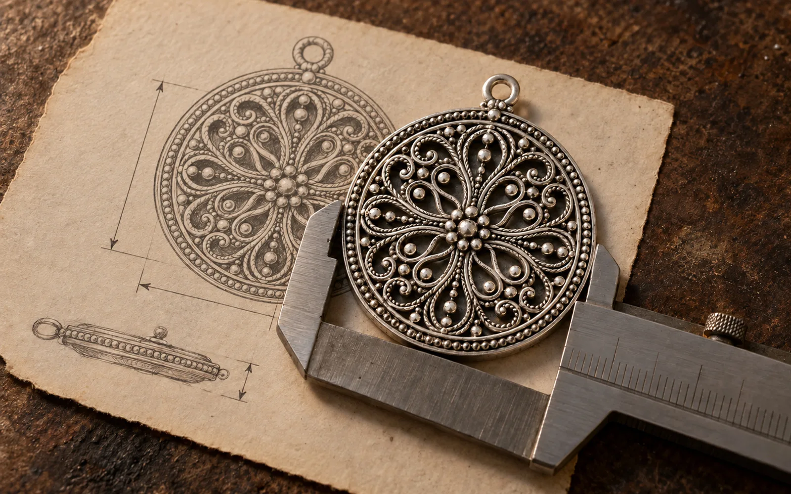A custom silver pendant being measured against its own design sketch